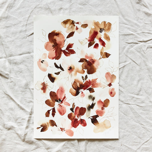 Austin Watercolor artist Jaime Reynolds original watercolor painting of loose flowers in chestnut brown etherial style
