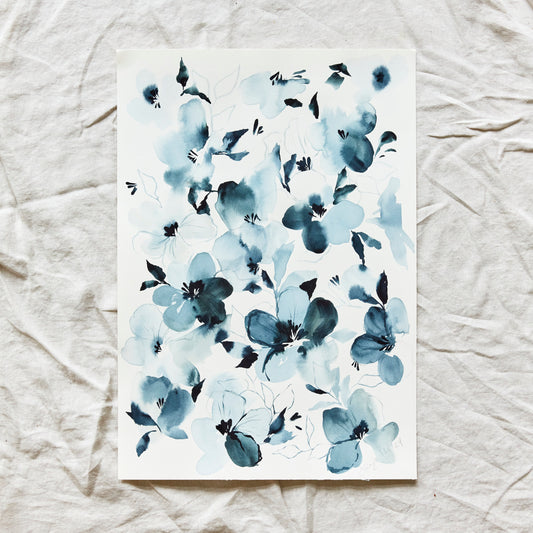 Blue Floral original watercolor painting of loose anemone flowers by Austin Artist Jaime Reynolds
