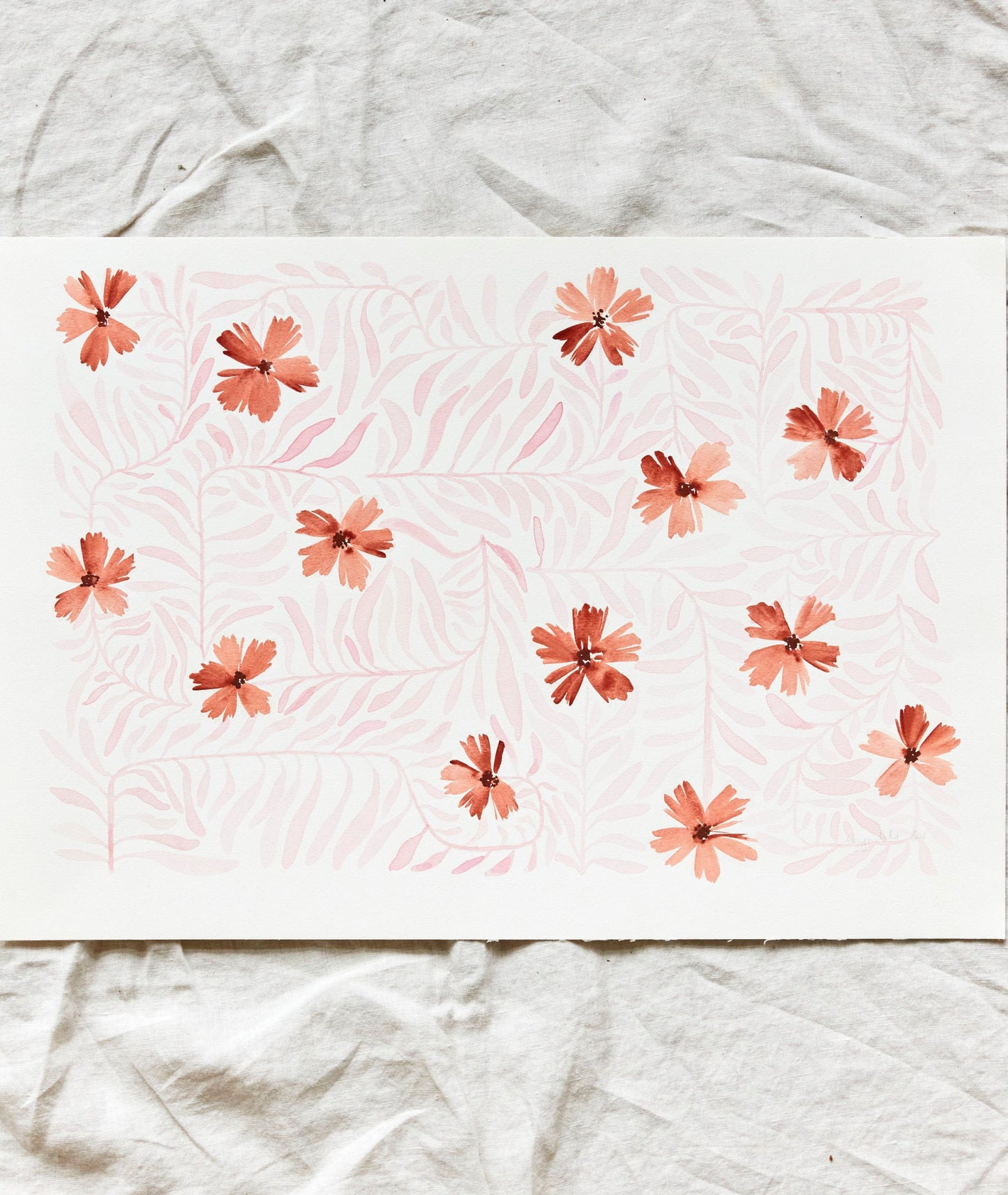 Peach pink terra cotta floral patter original watercolor wall art for kitchen and bedroom by artist Jamie Reynolds