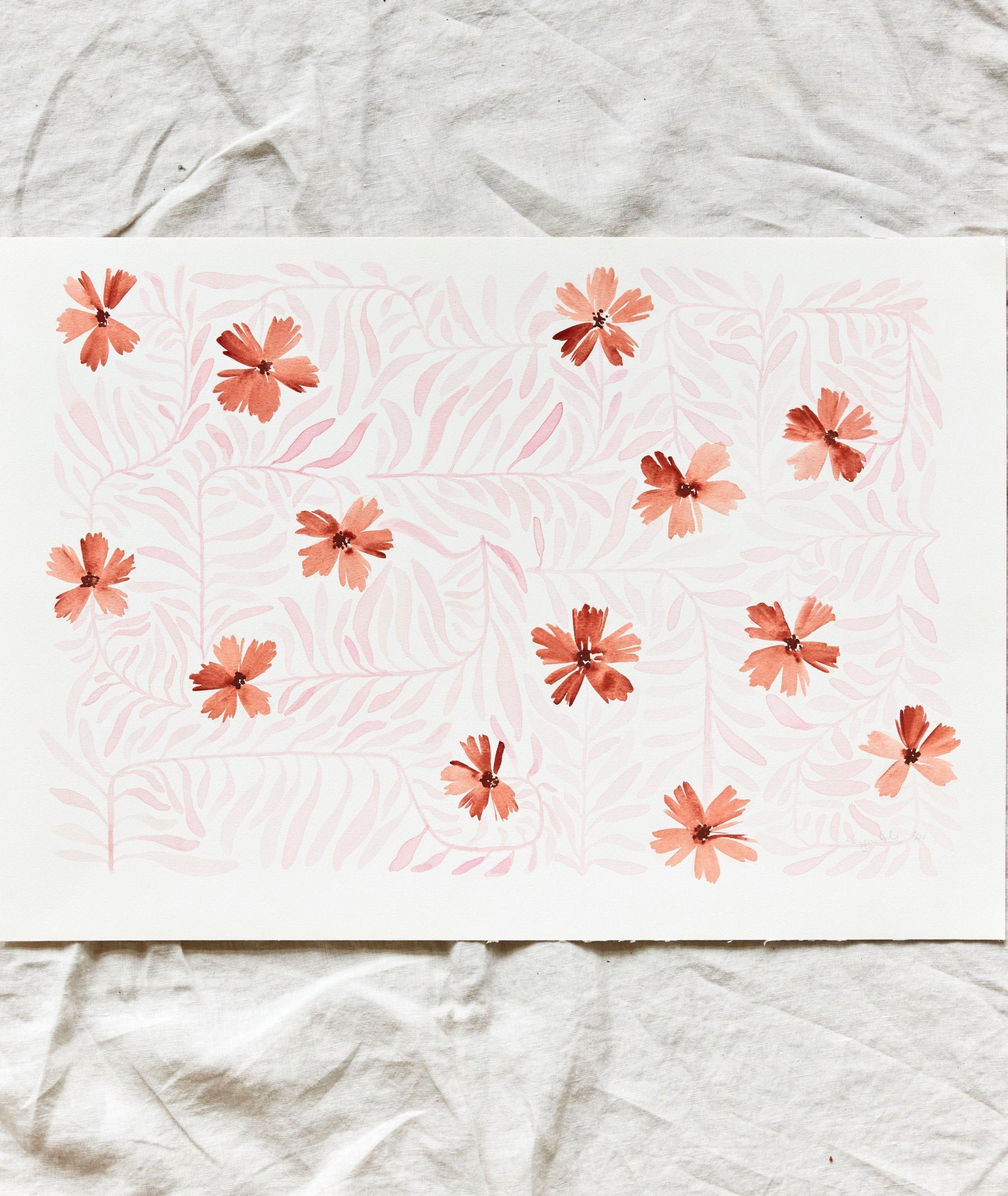Peach pink terra cotta floral patter original watercolor wall art for kitchen and bedroom by artist Jamie Reynolds